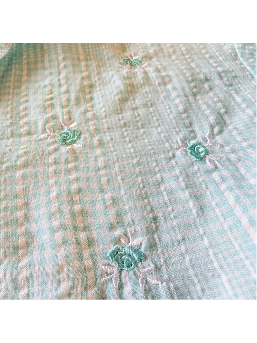 Miss Elaine Pajama Set Large Aqua Blue Seersucker Embroidered Floral Lace Trim